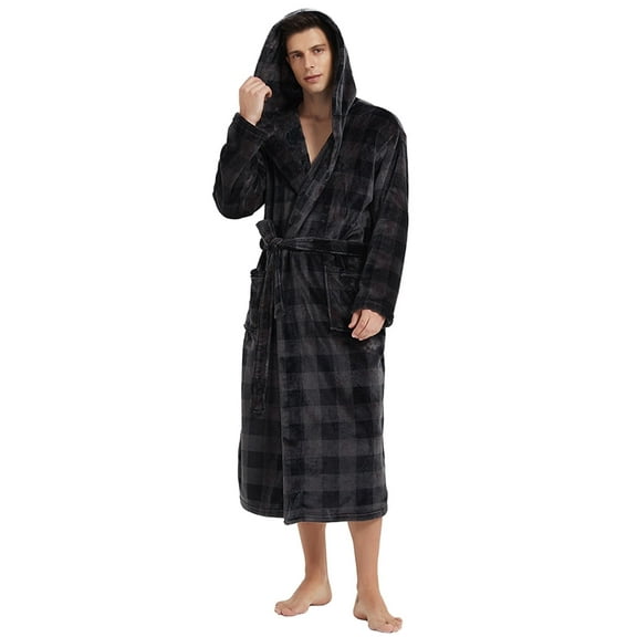 VULCANODON Mens Robe with Hood, Fleece Bathrobe Plush Robes for Men（Buffalo Plaid-Grey，Large-X-Large）
