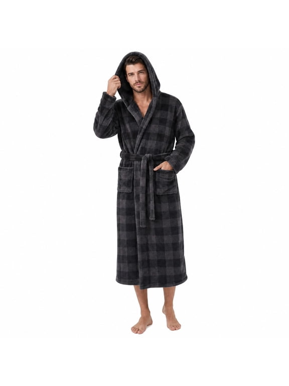 Mens Robe with Hood, Fleece Bathrobe Plush Robes for Men(Buffalo Plaid-Grey,Large-X-Large)