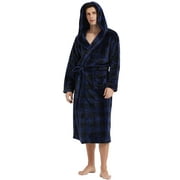 VULCANODON Mens Robe with Hood, Fleece Bathrobe Plush Robes for Men（Buffalo Plaid-Navy，Large-X-Large）