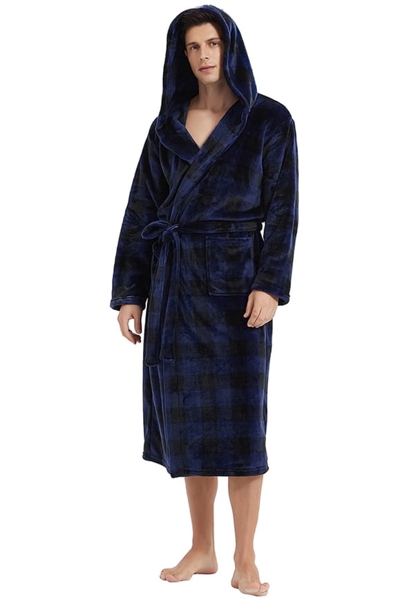 Mens Robe with Hood, Fleece Bathrobe Plush Robes for Men（Buffalo Plaid-Navy，Large-X-Large）