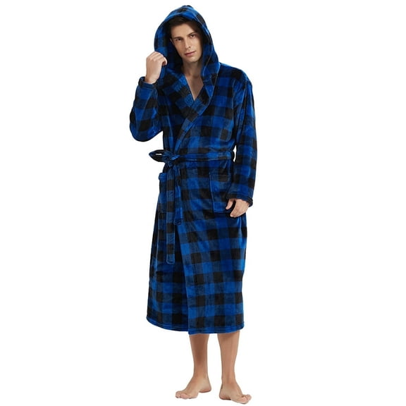 VULCANODON Mens Robe with Hood, Fleece Bathrobe Plush Robes for Men（Buffalo Plaid-Royal Blue，Large-X-Large）