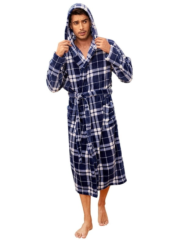 Mens Robe with Hood, Fleece Bathrobe Plush Robes for Men(Dark Blue,Large-X-Large)