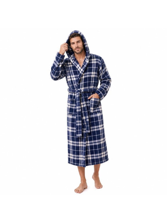 Mens Robe with Hood, Fleece Bathrobe Plush Robes for Men(Dark Blue,Small-Medium)