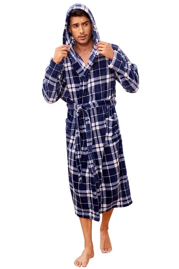 Mens Robe with Hood, Fleece Bathrobe Plush Robes for Men（Dark Blue，Small-Medium）