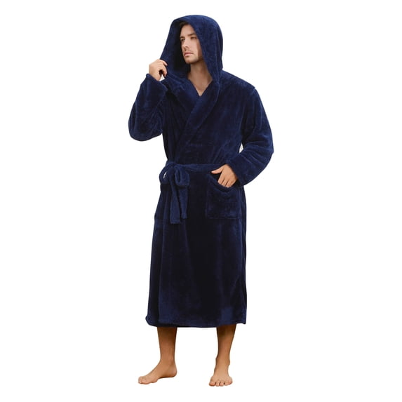 VULCANODON Mens Robe with Hood,Full Length Plush Robe for Men Soft Bathrobe(NAVY, 2XL/3XL)