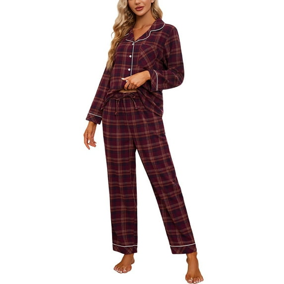 VULCANODON Women Pajama Set, 100% Cotton Button Down Plaid Flannel Sleepwear,(Burgundy Brown Plaid,XL)