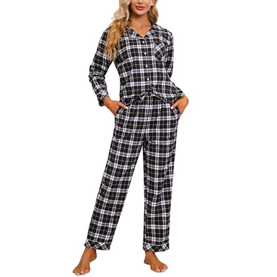 VULCANODON Women Pajama Set, 100% Cotton Button Down Plaid Flannel Sleepwear,(Navy-Army Geen Plaid,XL)