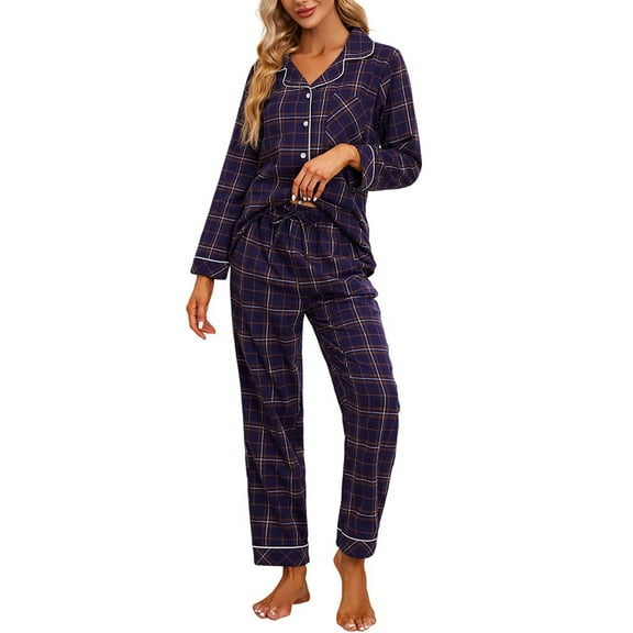 VULCANODON Women Pajama Set, 100% Cotton Button Down Plaid Flannel Sleepwear,(Navy Brown Plaid,L)