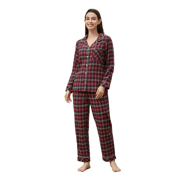 VULCANODON Women Pajama Set, 100% Cotton Button Down Plaid Flannel Sleepwear,(Rose Green Plaid,2XL)
