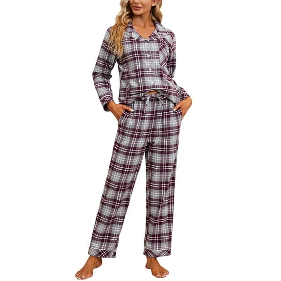 VULCANODON Women Pajama Set, 100% Cotton Button Down Plaid Flannel Sleepwear,(Purple Grey Plaid,L)