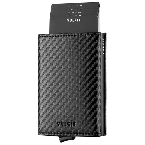 VULKIT Credit Card Holder RFID Blocking Mens Leather Bifold Card Wallet Automatic Pop Up for 9 Cards with ID Window & Coin Pocket