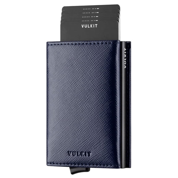 VULKIT Credit Card Holder RFID Blocking Mens Leather Bifold Card Wallet Automatic Pop Up for 9 Cards with ID Window & Coin Pocket
