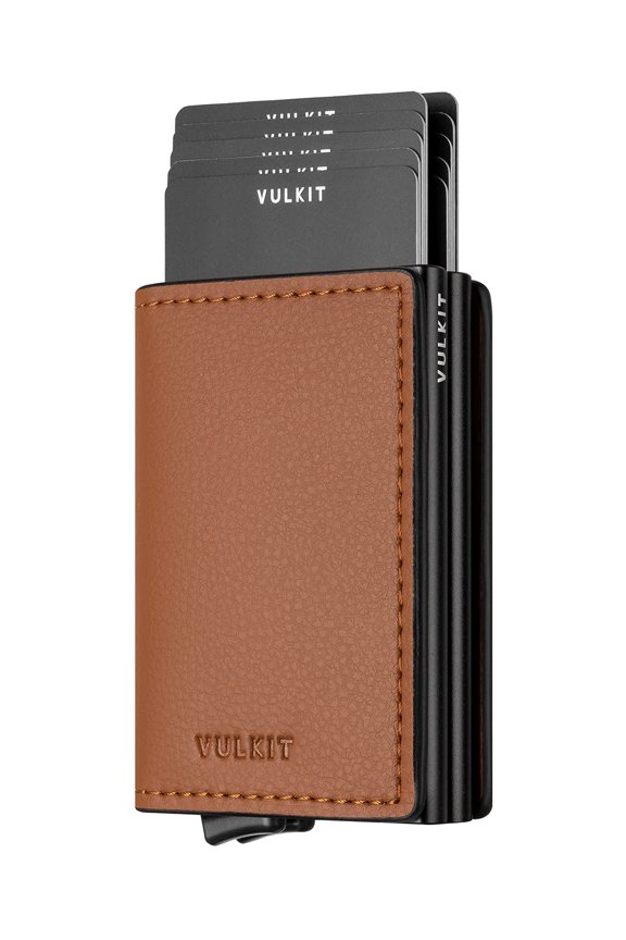 Pop Up Wallet Automatic Leather Slim Credit Card Holder RFID Blocking Metal Double Card Case for Men and Women Brown Y101