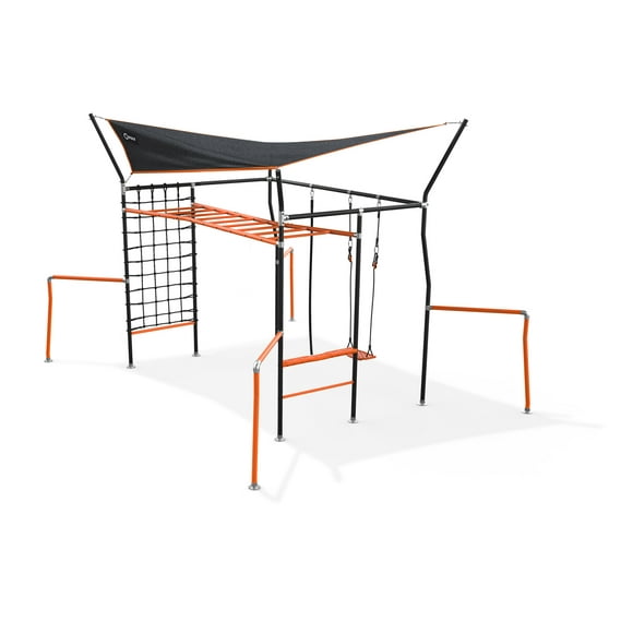 VULY Family Quest Monkey Bars Large Ninja Warrior Playset with Shade Cover, Cargo Net, Gym Rope, Bounce Swing