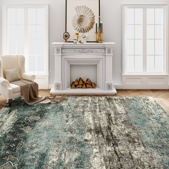 VUNATE 12'x15' Area Rugs for Living Room Machine Washable Rugs Abstract Vintage Distressed Indoor Rug Carpet Soft Lightweight Large Area Rug for Bedroom Dining Room Kitchen Foldable Nonslip Rug Teal