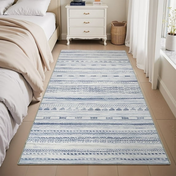 VUNATE 2.6'x8' Runner Rugs for Hallway Machine Washable Runner Boho Moroccan Area Rug Runner Soft Neutral Geometric Bohemian Carpet Distressed Rugs for Bedroom Bedside Laundry Kitchen Rug Blue