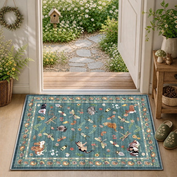 VUNATE 2'x3' Washable Area Rugs for Living Room, Vintage Floral Animal Rug, Non Slip Carpet with TPR Backing, Durable Polyester Rugs for Bedroom Entryway, Green