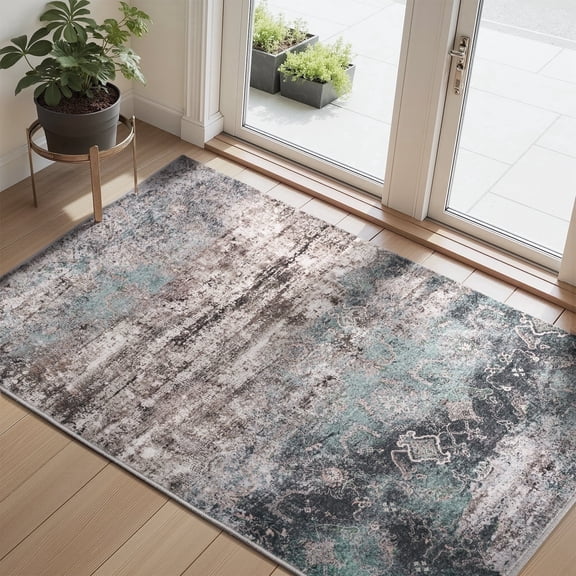 VUNATE 2'x3' Door Mat Entry Rug Machine Washable Rugs Abstract Vintage Distressed Indoor Rug Carpet Soft Lightweight Area Rug for Bedroom Entryway Kitchen Bathroom Foldable Nonslip Rug Teal