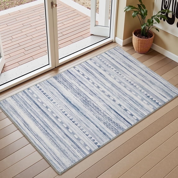 VUNATE 2'x3' Door Mat Entry Rug Machine Washable Rugs Boho Moroccan Area Rug Soft Neutral Geometric Bohemian Carpet Distressed Indoor Rugs for Bedroom Entryway Kitchen Bathroom Nonslip Rug Blue