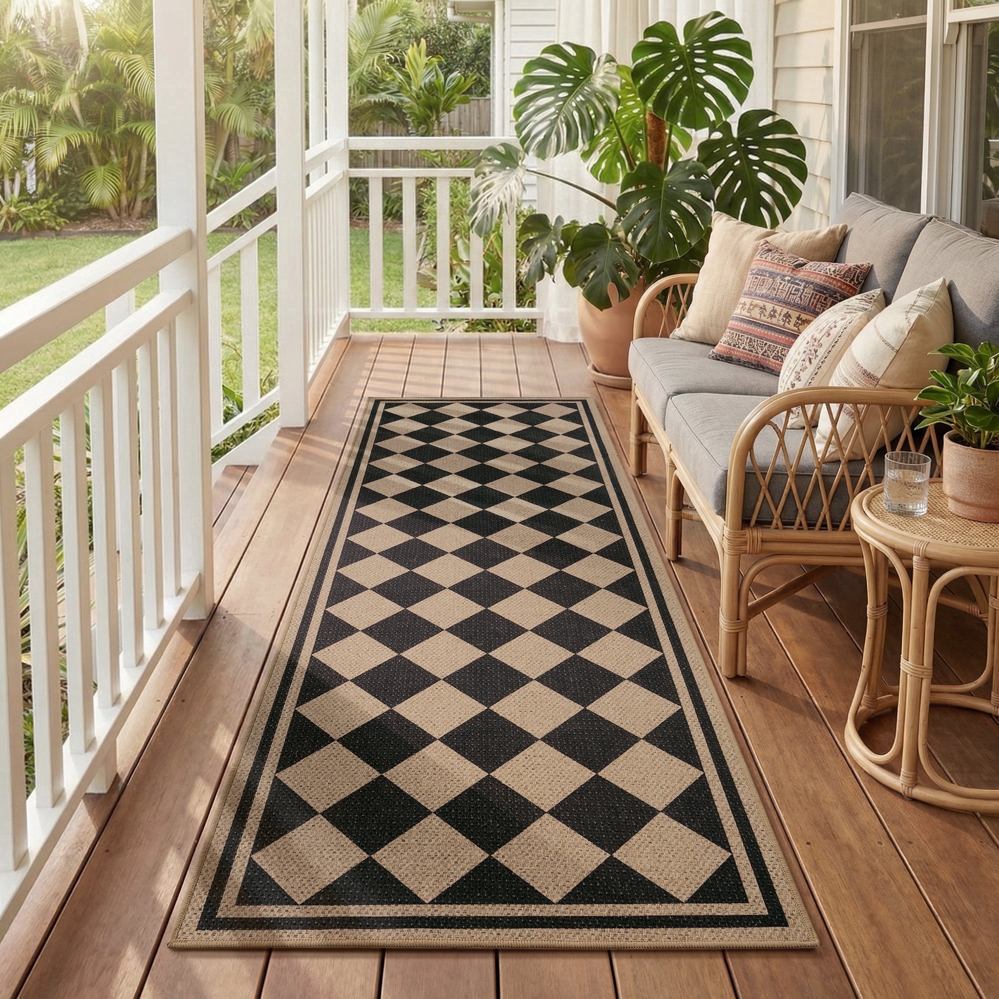 VUNATE Outdoor Rugs Carpet 2'x6' Jute Rug Boho Checkered Washable Patio Rug Distressed Modern Braided Area Rugs Black Indoor Outdoor Rugs for Living Room Entryway Laundry Balcony