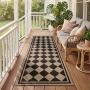 VUNATE Outdoor Rugs Carpet 2'x6' Jute Rug Boho Checkered Washable Patio Rug Distressed Modern Braided Area Rugs Black In