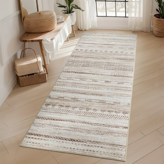 VUNATE 2'x5' Boho Runner Rug Machine Washable Rug Modern Moroccan Soft Carpet Neutral Geometric Distressed Non-Slip Rubber Backing Hallway Runner Rug for Kitchen Entryway Bedroom Laundry Room Brown