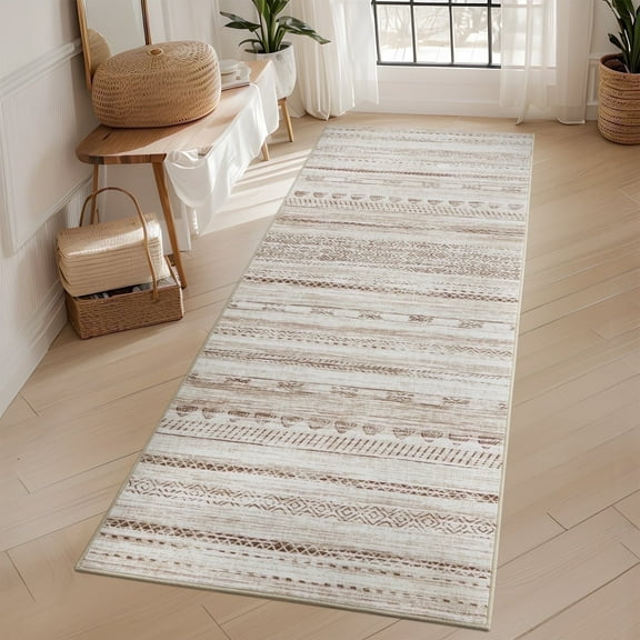 VUNATE 2'x5' Boho Runner Rug Machine Washable Rug Modern Moroccan Soft Carpet Neutral Geometric Distressed Non-Slip Rubber Backing Hallway Runner Rug for Kitchen Entryway Bedroom Laundry Room Brown