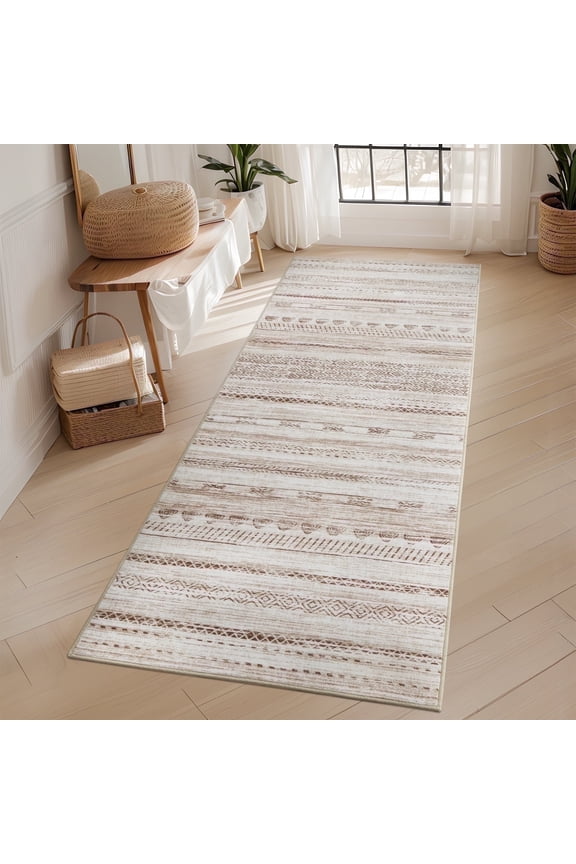 2'x5' Boho Runner Rug Machine Washable Rug Modern Moroccan Soft Carpet Neutral Geometric Distressed Non-Slip Rubber Backing Hallway Runner Rug for Kitchen Entryway Bedroom Laundry Room Brown