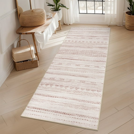VUNATE 2'x6' Boho Runner Rug Machine Washable Rug Modern Moroccan Soft Carpet Neutral Geometric Distressed Non-Slip Rubber Backing Hallway Runner Rug for Kitchen Entryway Bedroom Laundry Pink