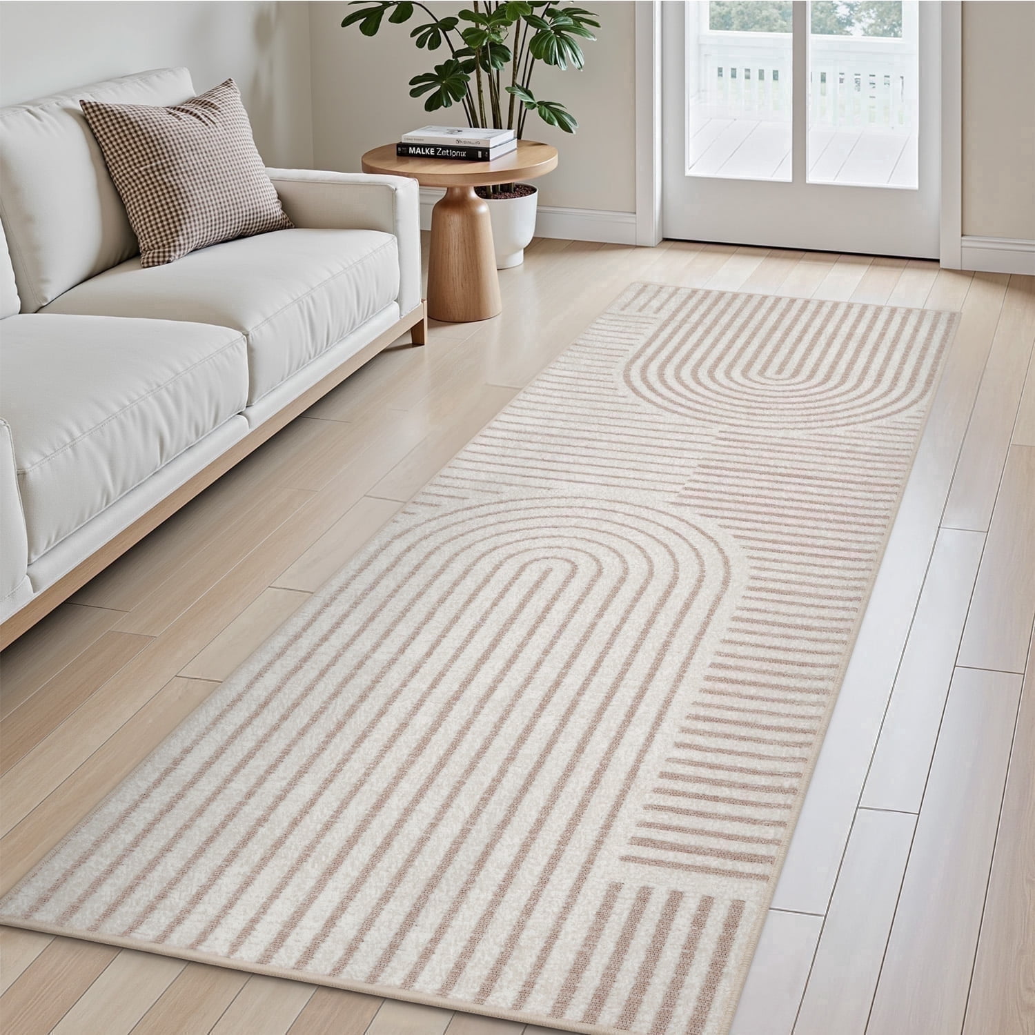 VUNATE 2'x6' Runner Rug Boho Washable Kitchen Rug Modern Jacquard Textured Rugs Soft Geometric Rug for Bedroom Mid Century Non-Slip Table Runner Perfect for Dining Room Laundry Beige