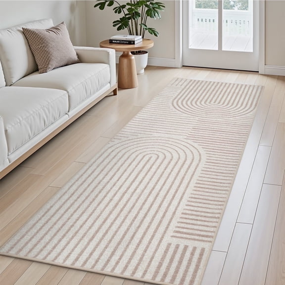 VUNATE 2'x6' Runner Rug Boho Washable Kitchen Rug Modern Jacquard Textured Rugs Soft Geometric Rug for Bedroom Mid Century Non-Slip Table Runner Perfect for Dining Room Laundry Beige