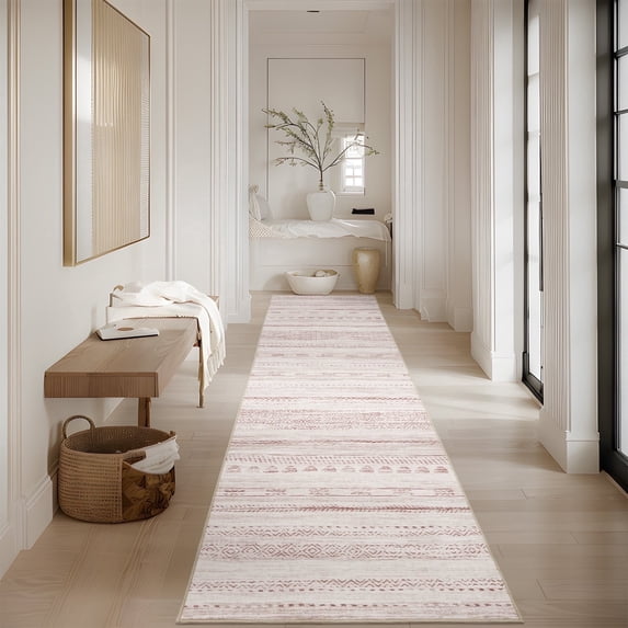VUNATE 2'x8' Washable Boho Runner Rug, Non-Slip Moroccan Hallway Rug, Soft Neutral Geometric Carpet for Kitchen Entryway, Pink