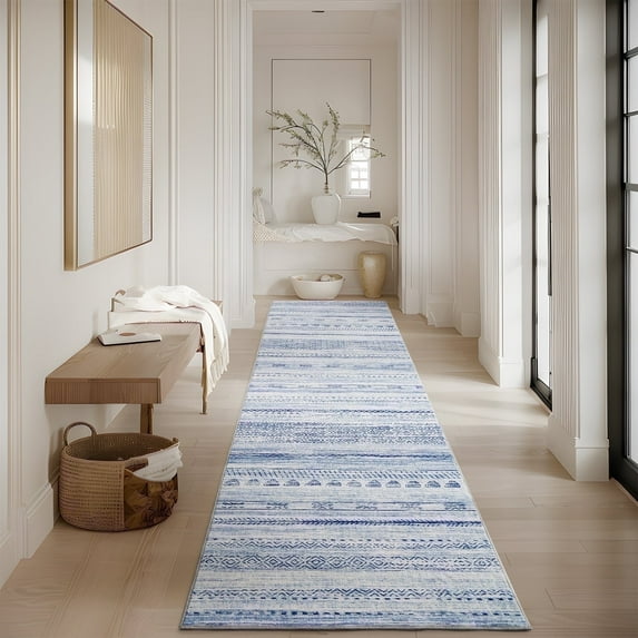 VUNATE 2'x8' Boho Runner Rug Machine Washable Rug Modern Moroccan Soft Carpet Neutral Geometric Distressed Non-Slip Rubber Backing Hallway Runner Rug for Kitchen Entryway Bedroom Laundry Room Blue