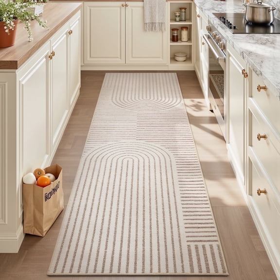 VUNATE 2'x8' Runner Rug Boho Washable Kitchen Rug Modern Jacquard Textured Rugs Soft Geometric Rug for Bedroom Mid Century Non-Slip Table Runner Perfect for Dining Room Laundry Beige