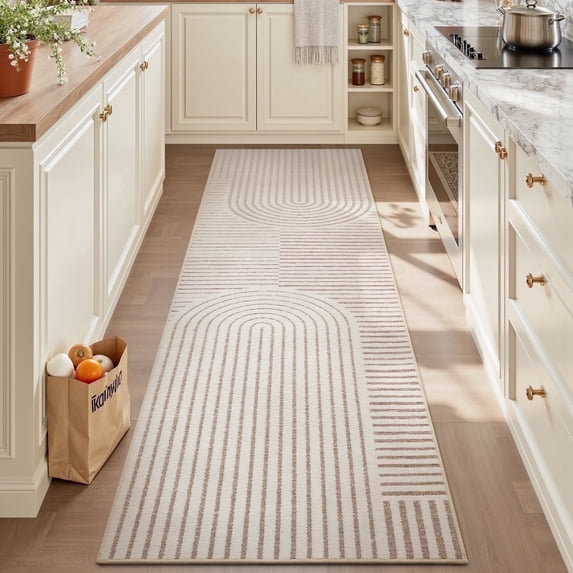 VUNATE 2'x8' Runner Rug Boho Washable Kitchen Rug Modern Jacquard Textured Rugs Soft Geometric Rug for Bedroom Mid Century Non-Slip Table Runner Perfect for Dining Room Laundry Beige