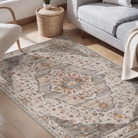 VUNATE 3'x5' Rugs for Living Room Washable Rugs Floral Vintage Area Rug Botanical Indoor Carpet Soft Rugs for Bedroom Office Entryway Kitchen Laundry Room Accent Rug Contemporary Home Decor Taupe