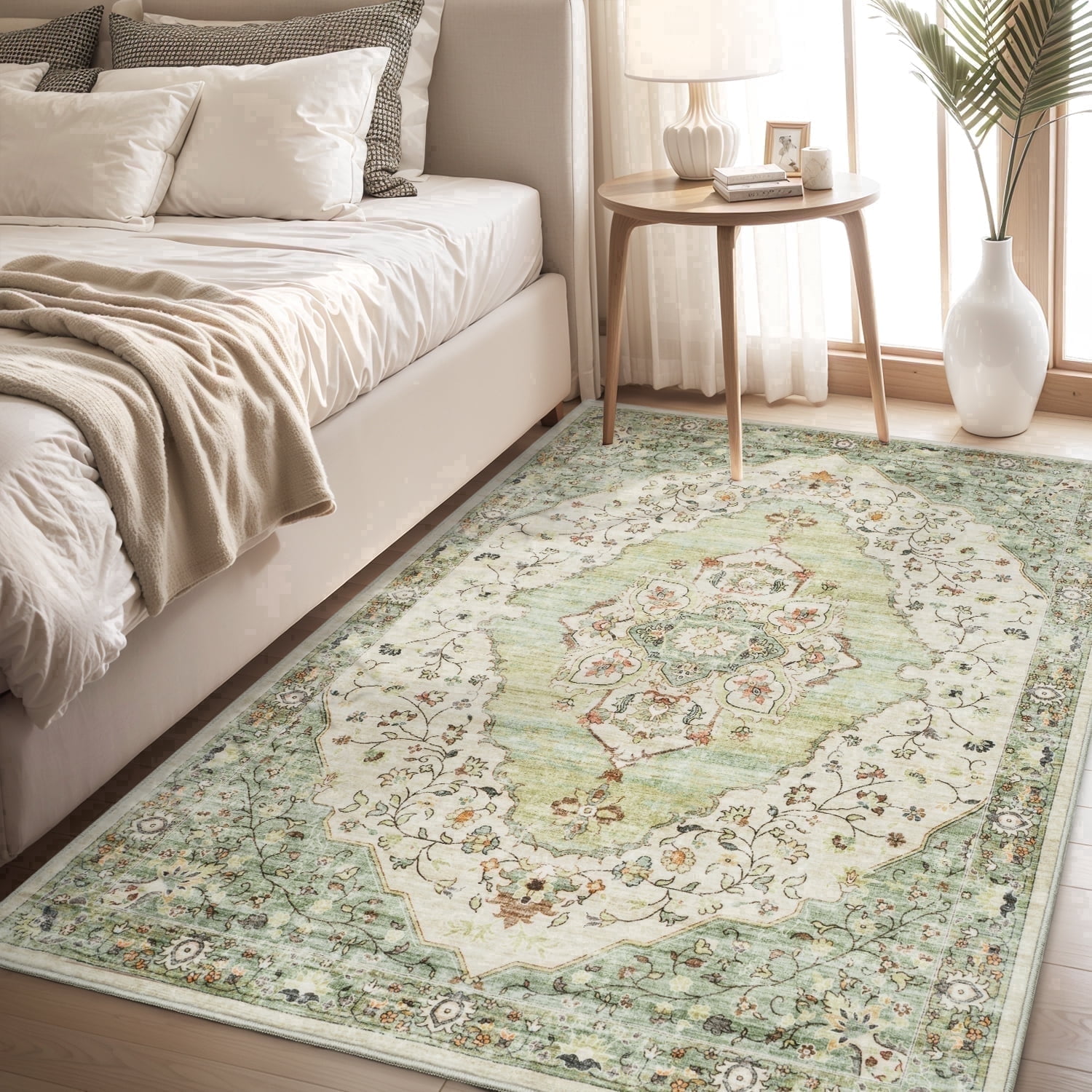 VUNATE 3'x5' Rugs for Living Room Washable Rugs Floral Vintage Area Rug Botanical Indoor Carpet Soft Rugs for Bedroom Office Entryway Kitchen Laundry Room Accent Rug Contemporary Home Decor Green