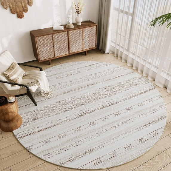 VUNATE 5'x5' Round Rugs for Living Room Washable Rugs Boho Moroccan Area Rug Soft Neutral Geometric Bohemian Carpet Distressed Indoor Rug for Bedroom Dining Room Office Foldable Nonslip Rug Coffee