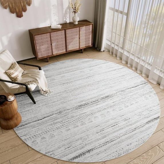 VUNATE 5'x5' Round Rugs for Living Room Washable Rugs Boho Moroccan Area Rug Soft Neutral Geometric Bohemian Carpet Distressed Indoor Rug for Bedroom Dining Room Office Foldable Nonslip Rug Gray