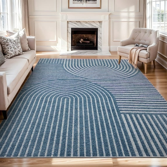 VUNATE 5'x7' Area Rugs for Living Room Jacquard Textured Modern Rugs Soft Geometric Rug for Bedroom Mid Century Washable Rug Non-Slip Bohemian Carpet Perfect for Dining Room Office Blue