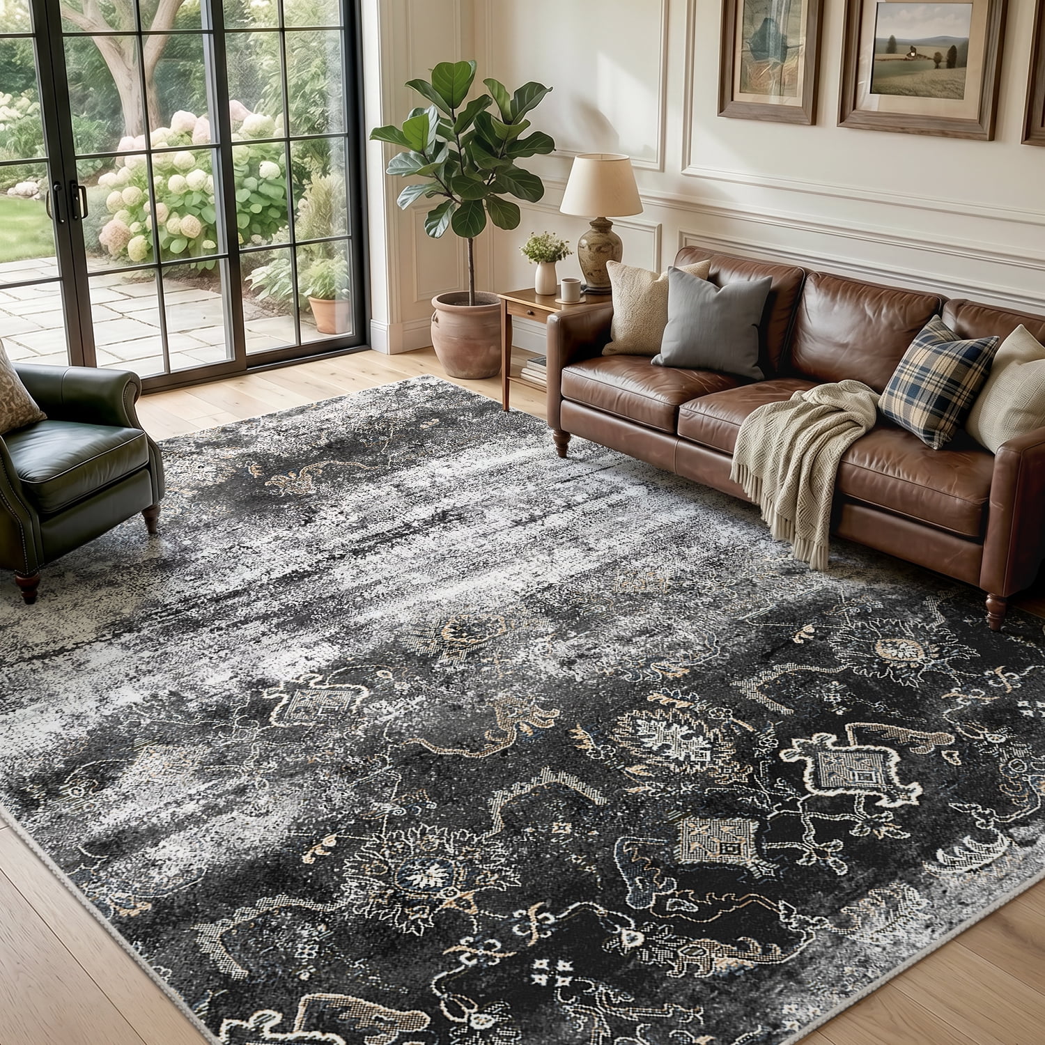 VUNATE 5'x7' Area Rugs for Living Room Machine Washable Rugs Abstract Vintage Distressed Indoor Rug Carpet Soft Lightweight Large Area Rug for Bedroom Dining Room Kitchen Nonslip Rug Black and Gray