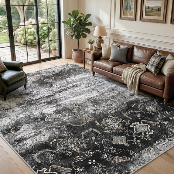 VUNATE 5'x7' Area Rugs for Living Room Machine Washable Rugs Abstract Vintage Distressed Indoor Rug Carpet Soft Lightweight Large Area Rug for Bedroom Dining Room Kitchen Nonslip Rug Black and Gray