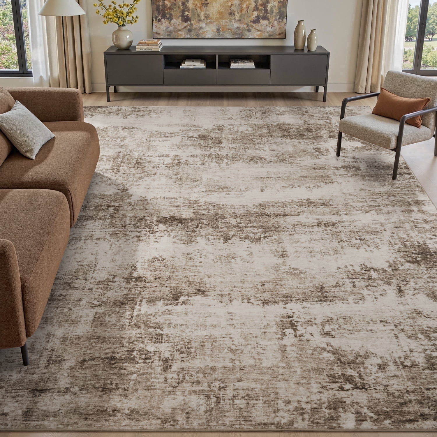 VUNATE 5'x7' Area Rugs for Living Room Washable Rugs Modern Abstract Distressed Indoor Rug Carpet Soft Fluffy Area Rugs for Bedroom Dining Room Office Kitchen Foldable Nonslip Rug Brown