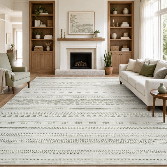 VUNATE 5'x7' Area Rugs for Living Room Washable Rugs Boho Moroccan Area Rug Soft Neutral Geometric Bohemian Carpet Distressed Indoor Rug for Bedroom Dining Room Office Foldable Nonslip Rug Sage Green
