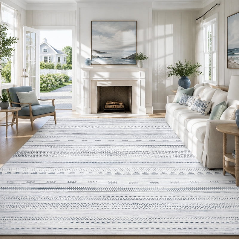 VUNATE 5'x7' Area Rugs for Living Room Washable Rugs Boho Moroccan Area Rug Soft Neutral Geometric Bohemian Carpet Distressed Indoor Rug for Bedroom Dining Room Office Foldable Nonslip Rug Blue