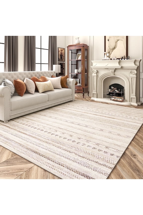 5'x7' Area Rugs for Living Room Washable Rugs Boho Moroccan Area Rug Soft Neutral Geometric Bohemian Carpet Distressed Indoor Rug for Bedroom Dining Room Office Foldable Nonslip Rug Brown