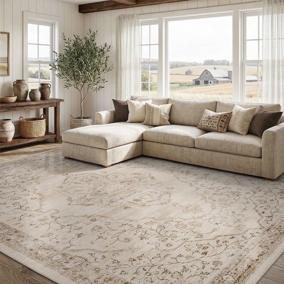 VUNATE 5'x7' Area Rugs for Living Room Washable Rugs Floral Vintage Area Rug Botanical Indoor Carpet Soft Rugs for Bedroom Office Dining Room Kitchen Accent Rug Contemporary Home Decor Beige