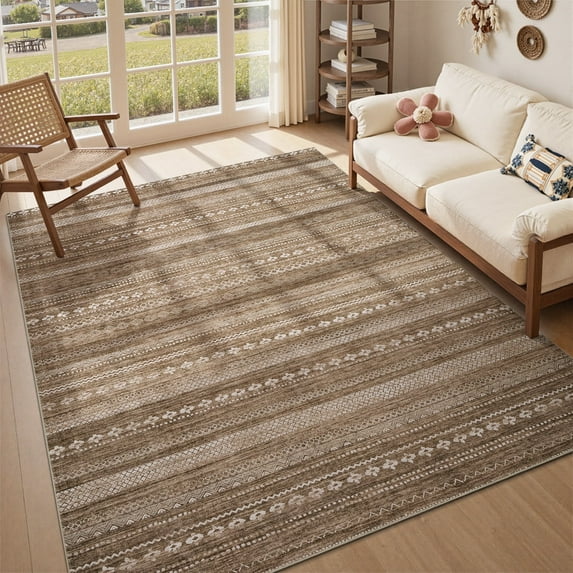VUNATE 5'x7' Area Rugs for Living Room Washable Rugs Boho Moroccan Area Rug Soft Neutral Geometric Bohemian Carpet Distressed Indoor Rug for Bedroom Dining Room Office Foldable Nonslip Rug Dark Brown
