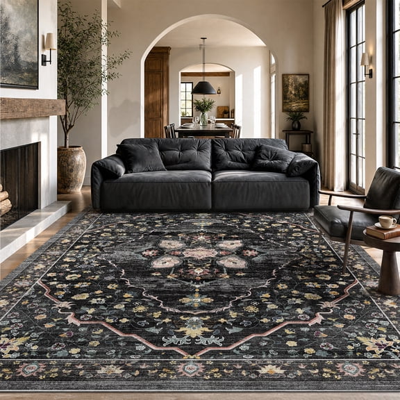 VUNATE 5'x7' Area Rugs for Living Room Washable Rugs Floral Vintage Area Rug Botanical Indoor Carpet Soft Rugs for Bedroom Office Dining Room Kitchen Accent Rug Contemporary Home Decor Black