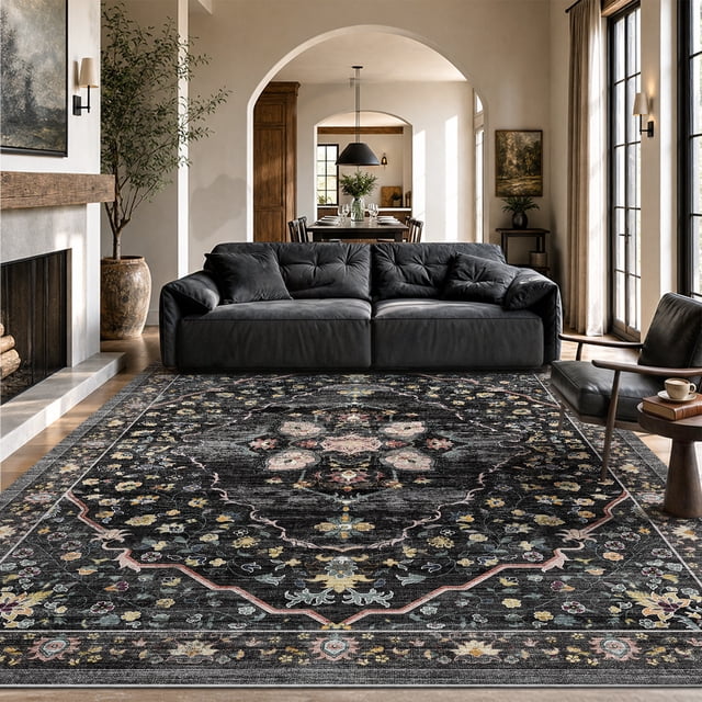 VUNATE 5'x7' Area Rugs for Living Room Washable Rugs Floral Vintage Area Rug Botanical Indoor Carpet Soft Rugs for Bedroom Office Dining Room Kitchen Accent Rug Contemporary Home Decor Black